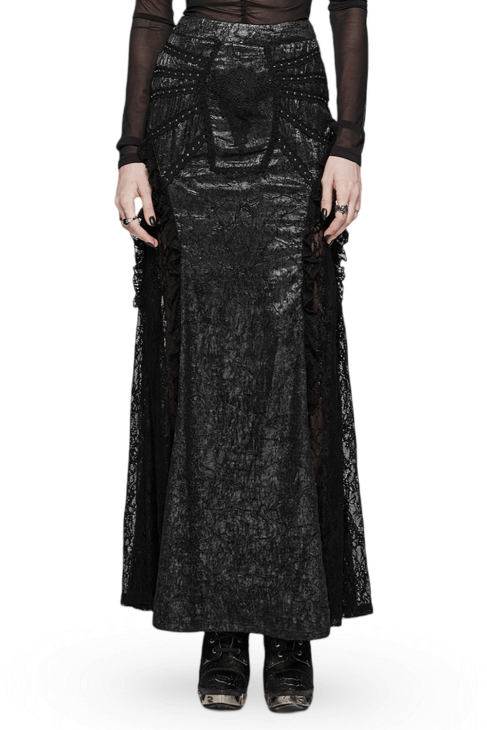 Falda larga con volantes y encaje texturizado gótico para mujer