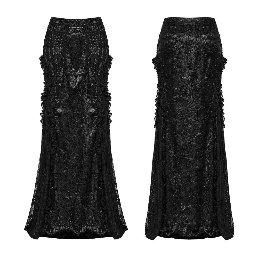 Jupe longue gothique en dentelle texturée à volants pour femme