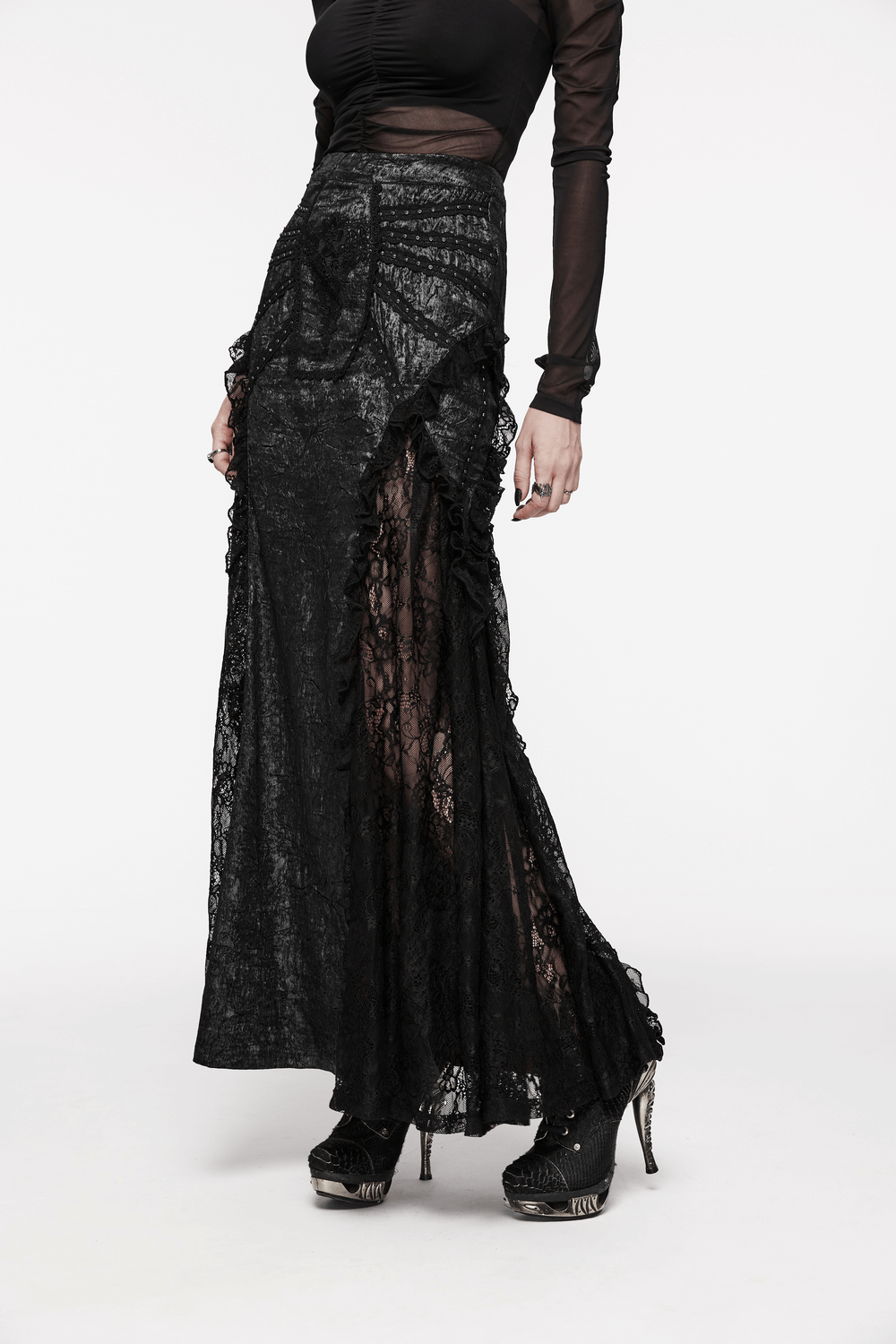 Gothic Textured Lace Ruffled Maxi Skirt for Women