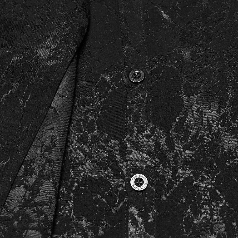 Gothic Textured Long Sleeve Shirt with Irregular Placket featuring a dark mottled woven texture and asymmetrical front.