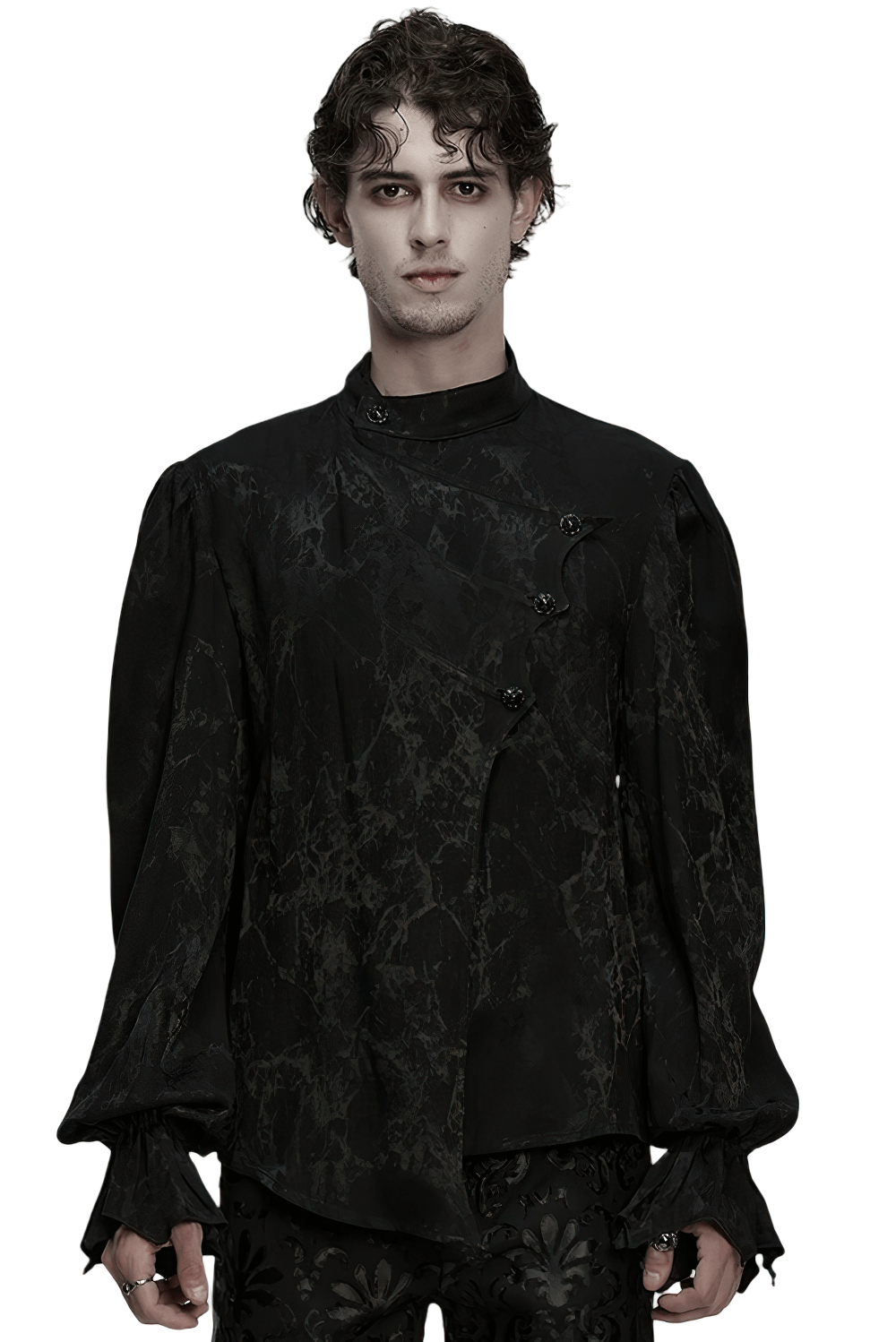 Gothic Textured Long Sleeve Shirt with Irregular Placket showcased on a model with dramatic sleeves and mottled texture.