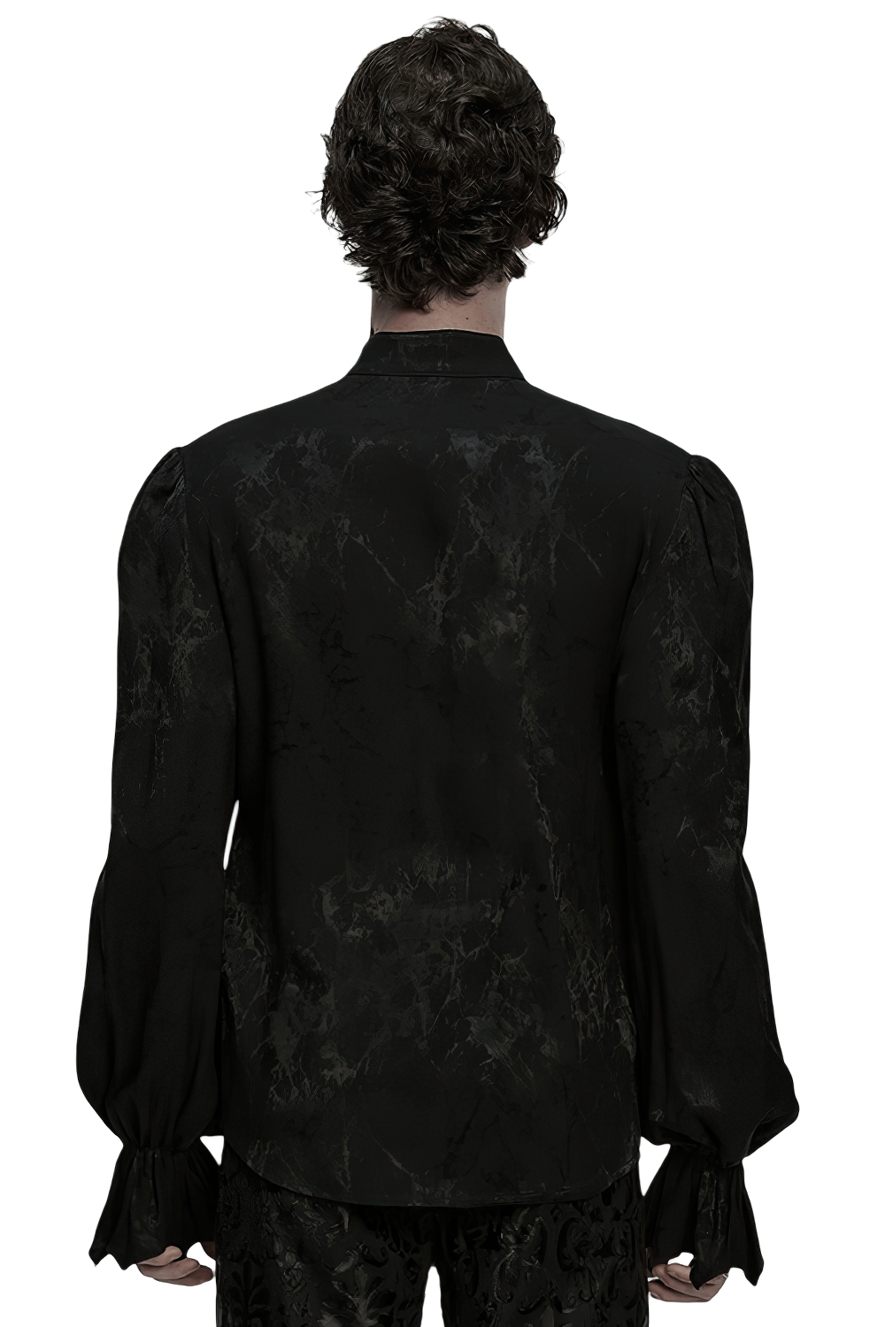 Gothic Textured Long Sleeve Shirt with Irregular Placket showcasing the back view and dramatic voluminous sleeves.