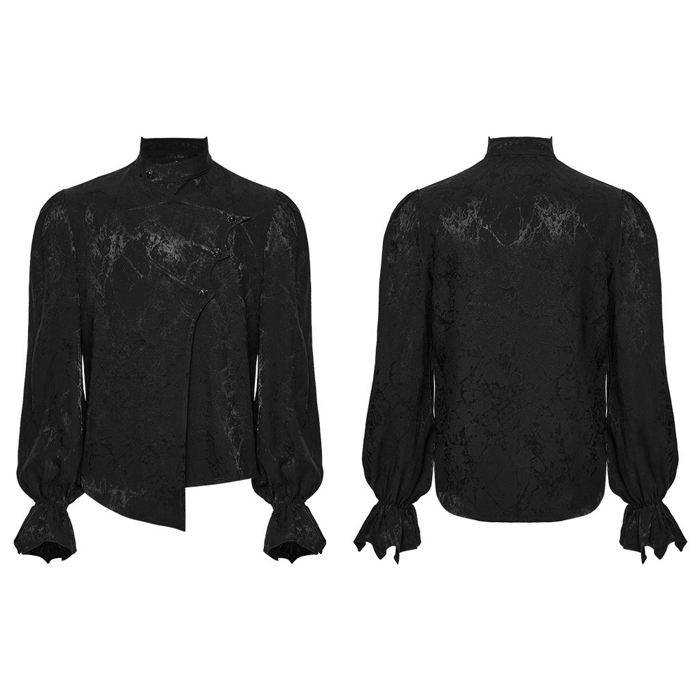 Gothic Textured Long Sleeve Shirt with Irregular Placket showcasing dark mottled texture and dramatic voluminous sleeves.