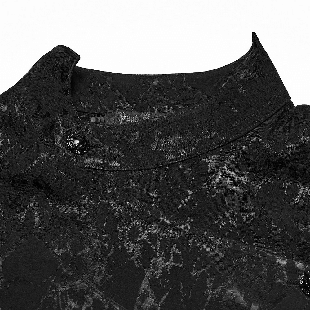 Gothic Textured Long Sleeve Shirt with Irregular Placket featuring mottled fabric and unique collar detail.