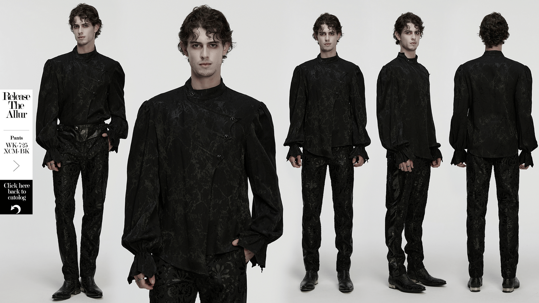 Gothic Textured Long Sleeve Shirt with Irregular Placket displayed on model in black woven fabric.