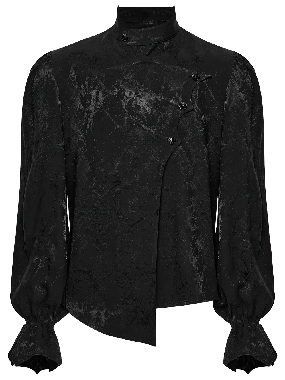 Gothic Textured Long Sleeve Shirt with Irregular Placket featuring a mottled black design and dramatic sleeves.