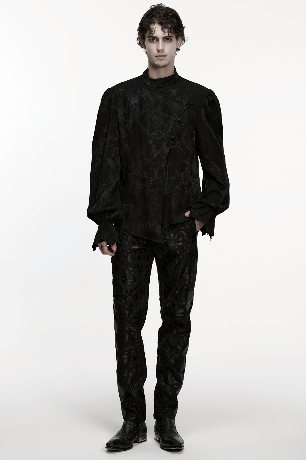 Gothic Textured Long Sleeve Shirt with Irregular Placket worn by a model, showcasing dramatic sleeves and bold style.