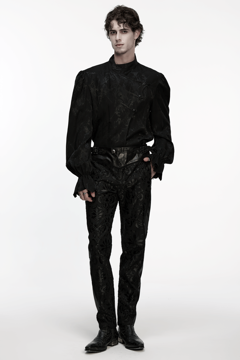 Gothic Textured Long Sleeve Shirt with Irregular Placket worn by a model posing in a dramatic black outfit.