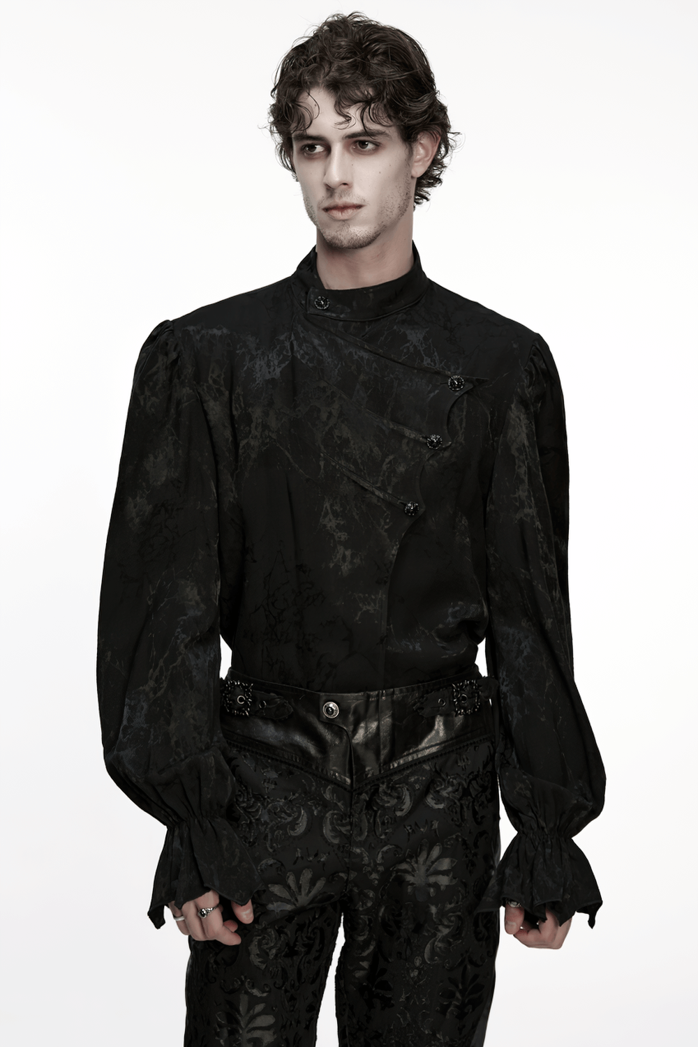 Gothic Textured Long Sleeve Shirt with Irregular Placket showcasing a unique mottled fabric and voluminous sleeves.