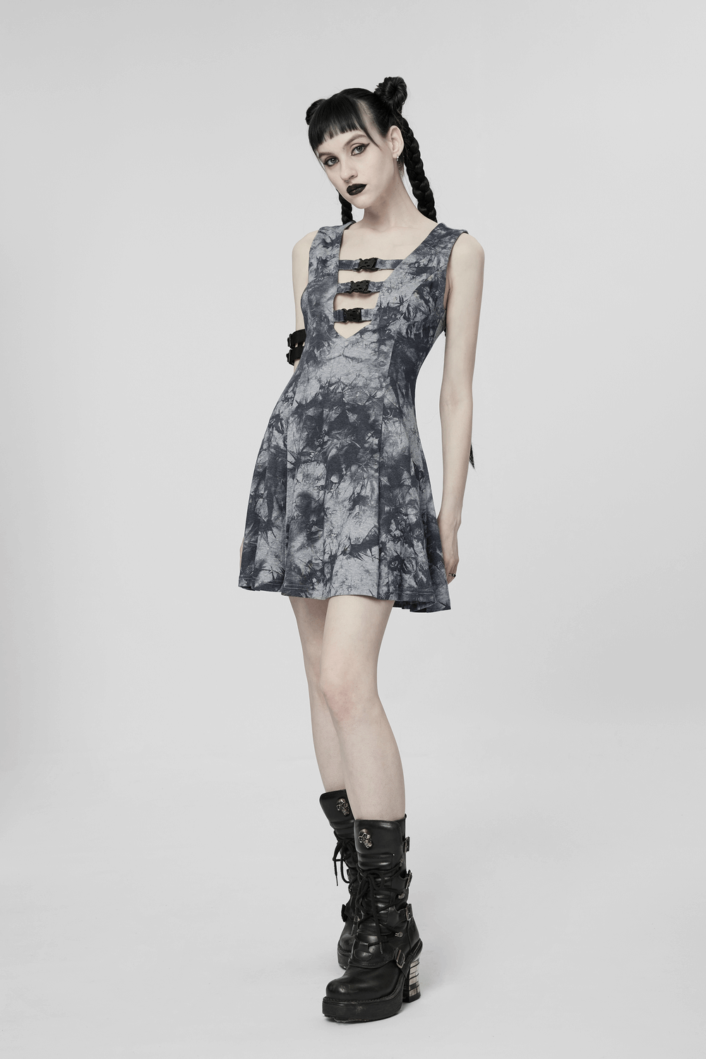 Gothic tie-dye sleeveless dress with buckle detail, perfect for a sexy cyber-inspired look.