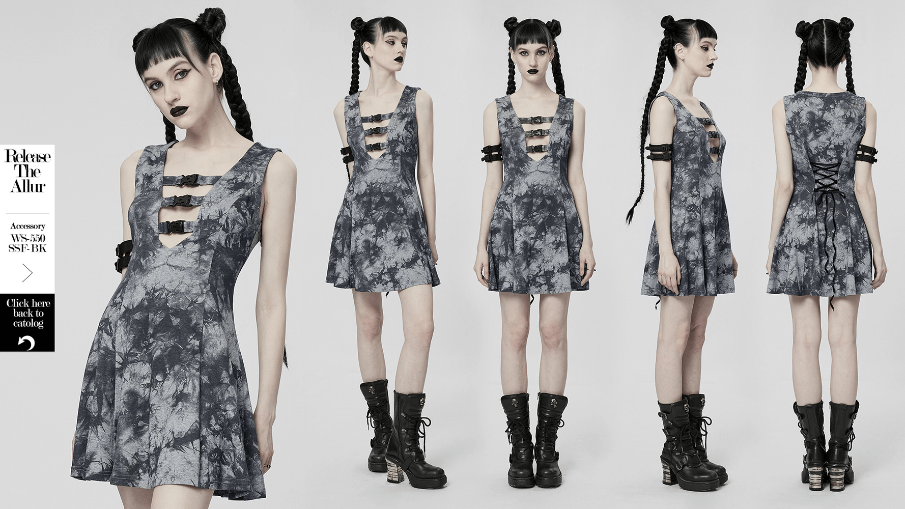 Gothic tie-dye sleeveless dress with buckle detail, adjustable fit, stylish A-line skirt.
