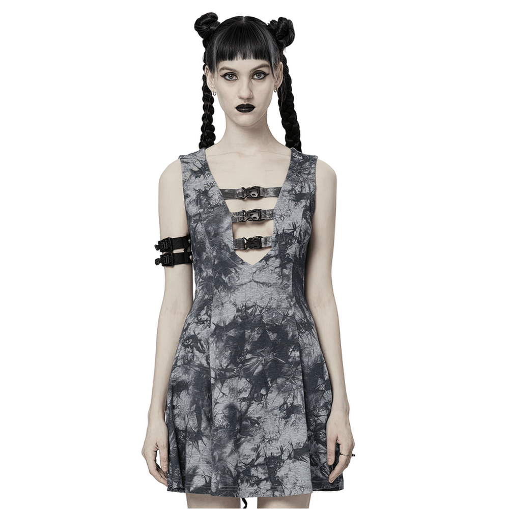 Gothic tie-dye sleeveless buckle dress with low neck and A-line skirt, perfect for bold cyber style.
