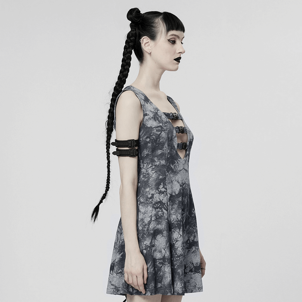 Gothic tie-dye sleeveless dress with buckle details and a chic A-line cut, showcasing an edgy cyber style.