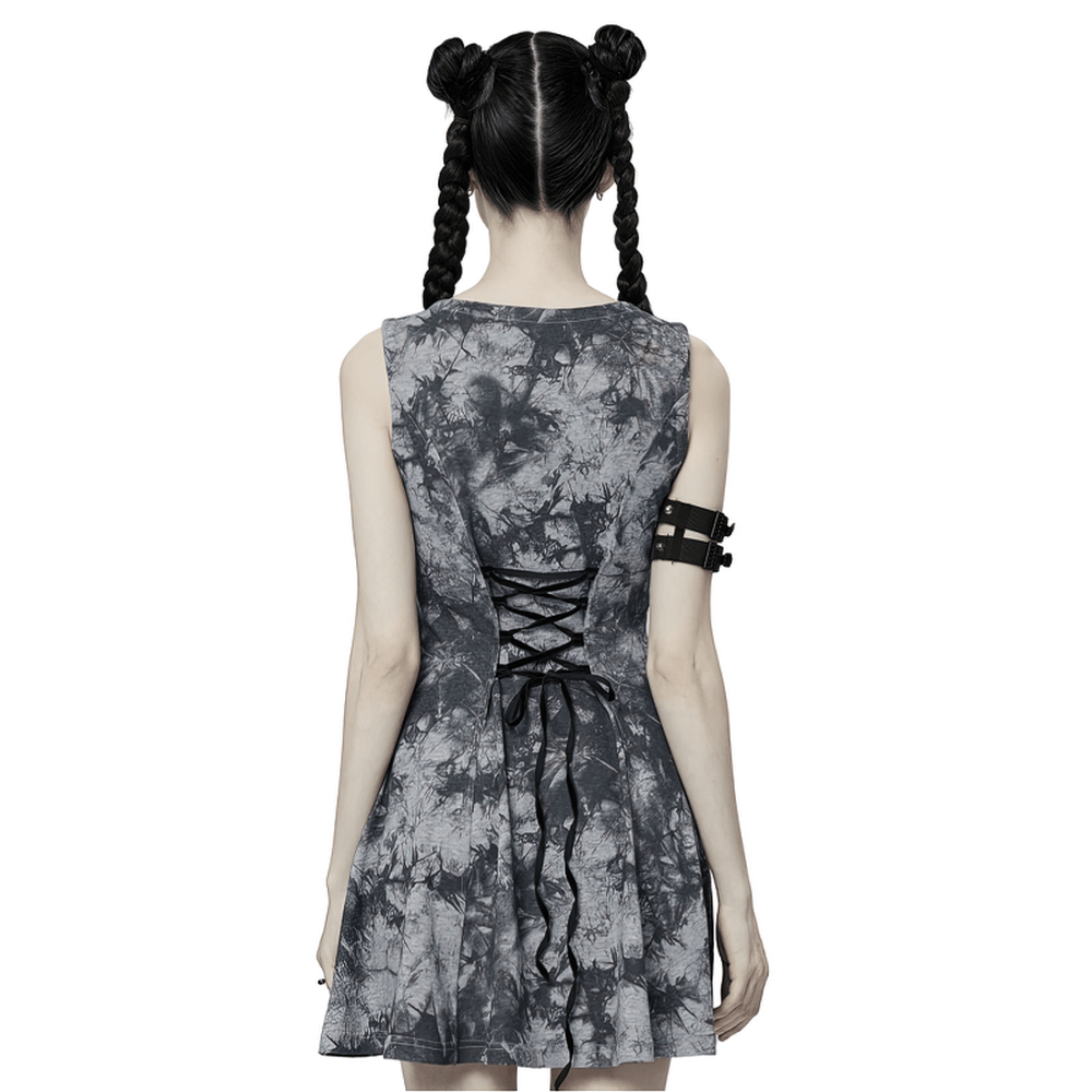 Back view of gothic tie-dye buckle dress showcasing adjustable lacing and A-line skirt.