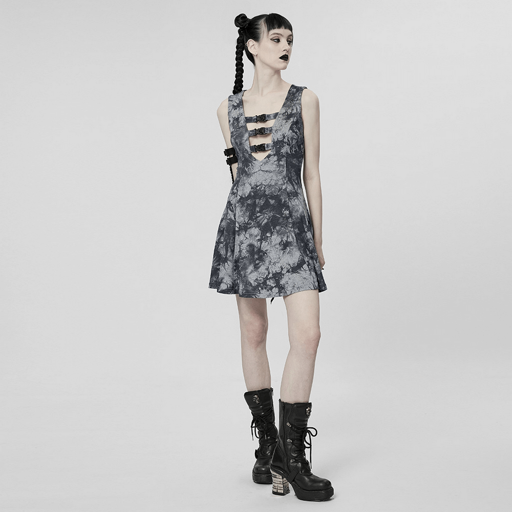 Gothic tie-dye A-line dress with buckle detail and adjustable straps, perfect for a bold cyber look.