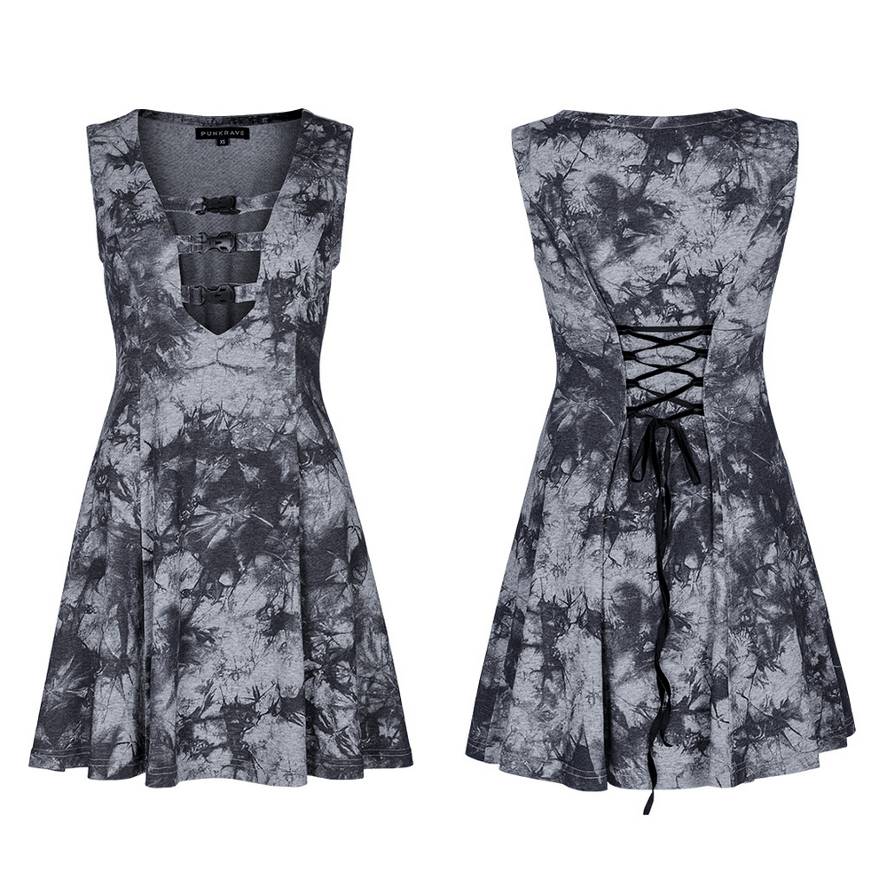 Gothic Tie-Dye Buckle Dress with sleeveless design and lace-up back for a sexy and stylish fit.