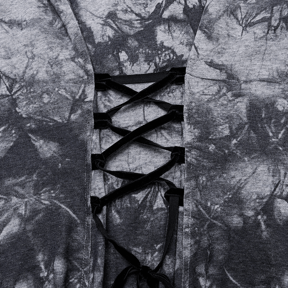 Close-up of gothic tie-dye dress with lace-up buckle detail and adjustable velvet strings.