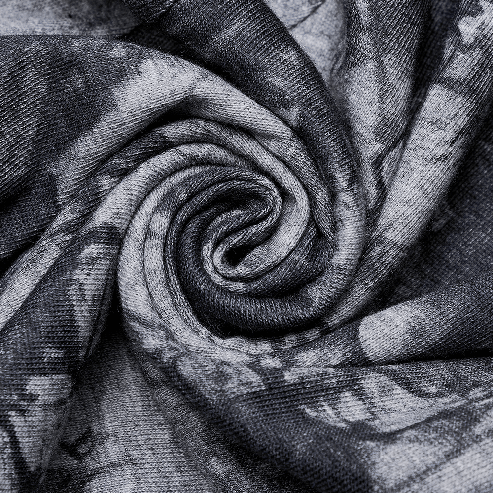 Close-up of swirling gothic tie-dye fabric in shades of gray, perfect for the Gothic Tie-Dye Buckle Dress.