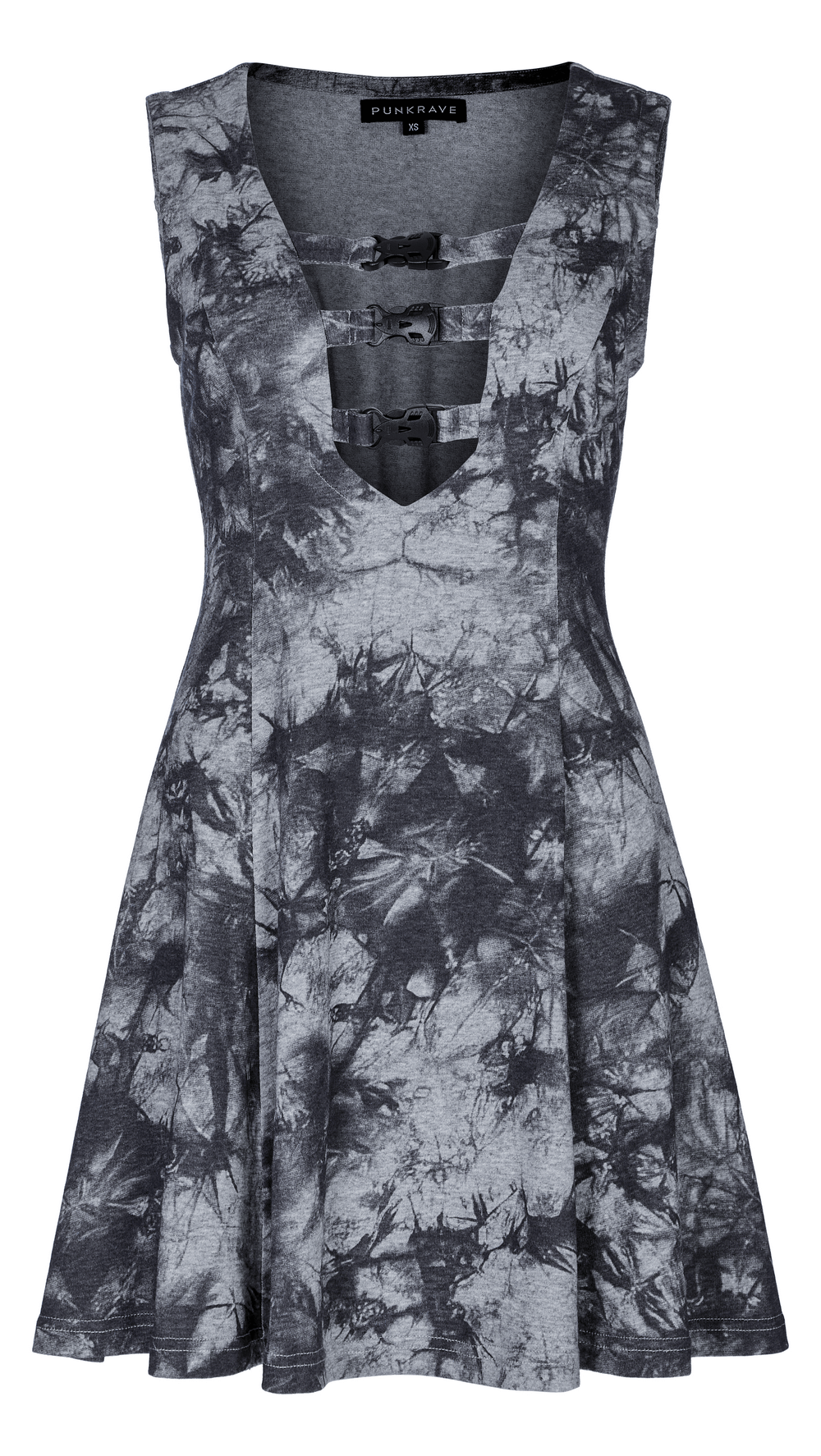 Gothic tie-dye sleeveless buckle dress with A-line skirt and adjustable strings for a perfect fit.