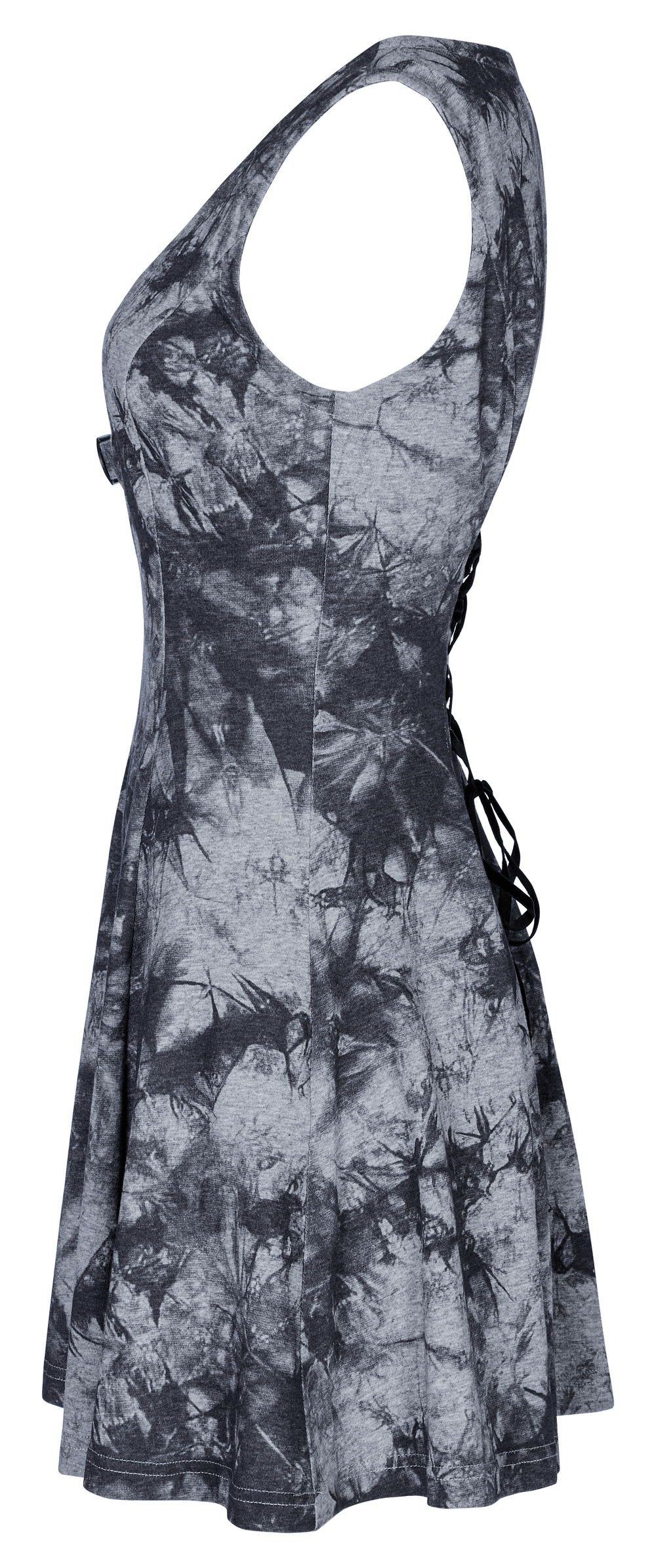 Gothic tie-dye sleeveless dress with buckle detail, featuring a flattering A-line skirt and adjustable velvet strings.