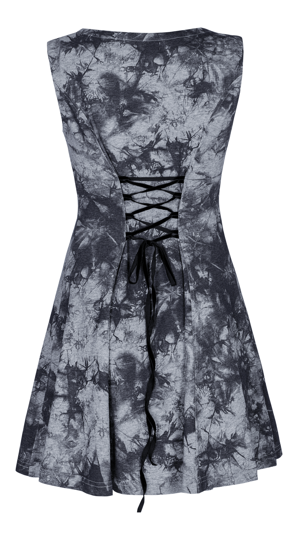 Back view of Gothic Tie-Dye Buckle Dress featuring lace-up adjustable velvet strings and A-line skirt design.