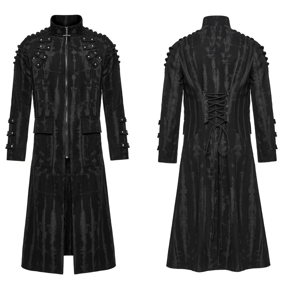 Gothic tie-dye long coat with rivet details and adjustable back drawstring in black, showcasing a bold style.