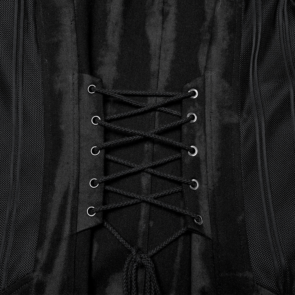 close-up of black lace-up corset detailing with twisted laces and eyelets against a sleek fabric backdrop.