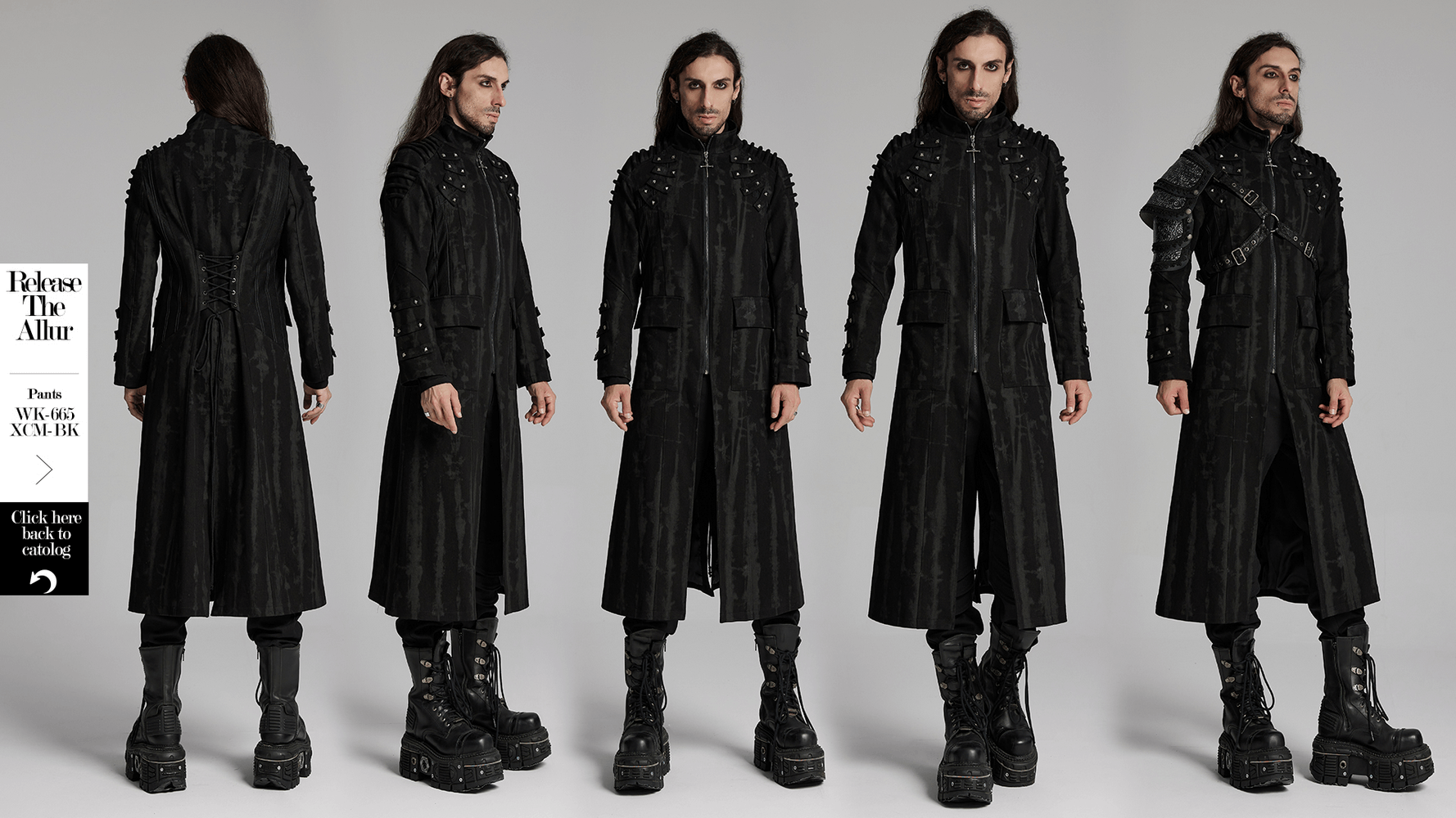 Gothic long coat with rivet and mesh details, showcasing a striking silhouette and adjustable back drawstring.