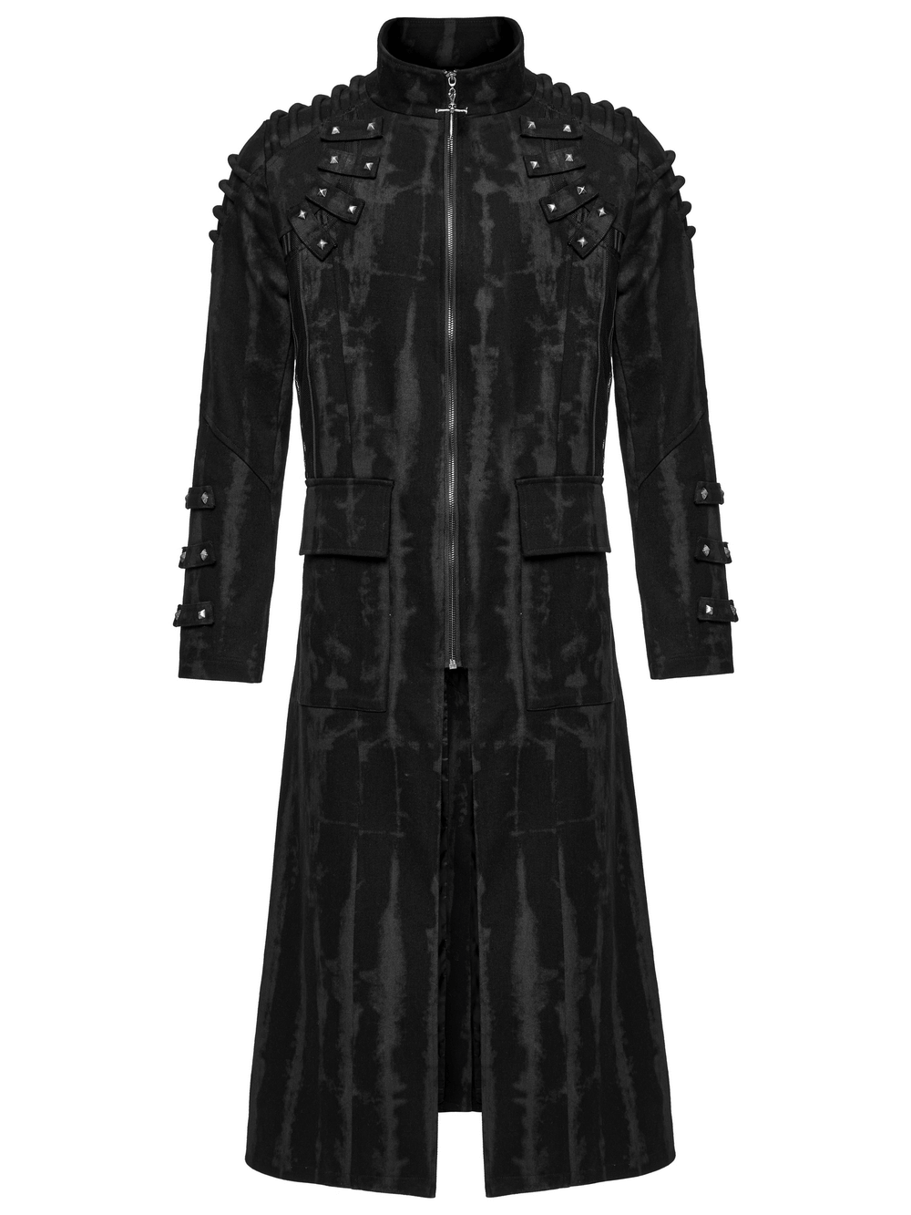 Gothic tie-dye long coat with rivet details and structured shoulders, striking design for a punk-inspired look.