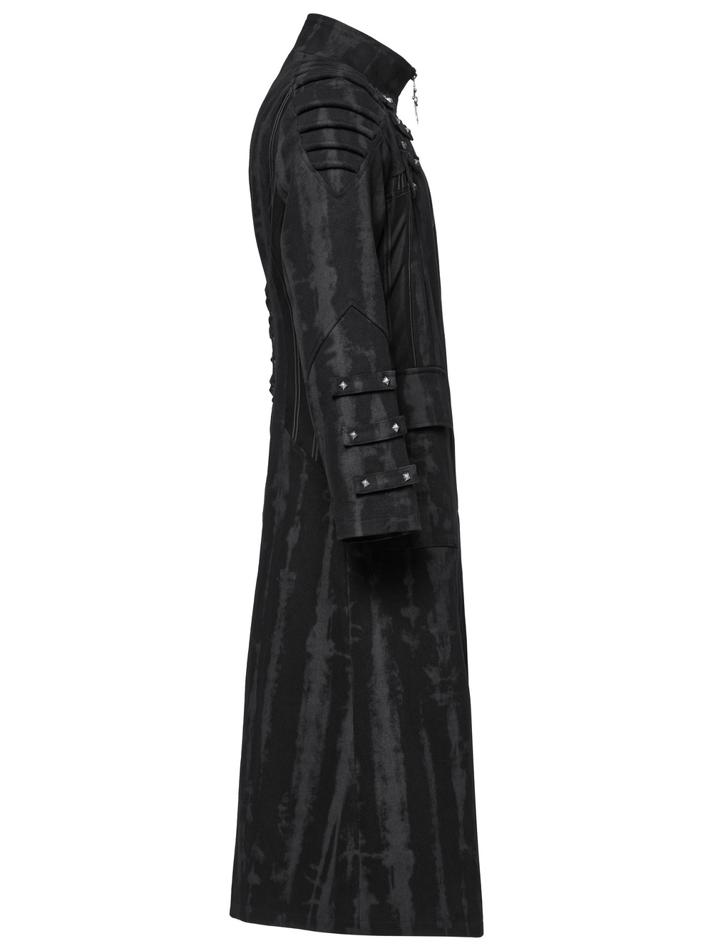 Side view of Gothic tie-dye long coat with rivet loops, mesh details, and adjustable back drawstring for edgy style.