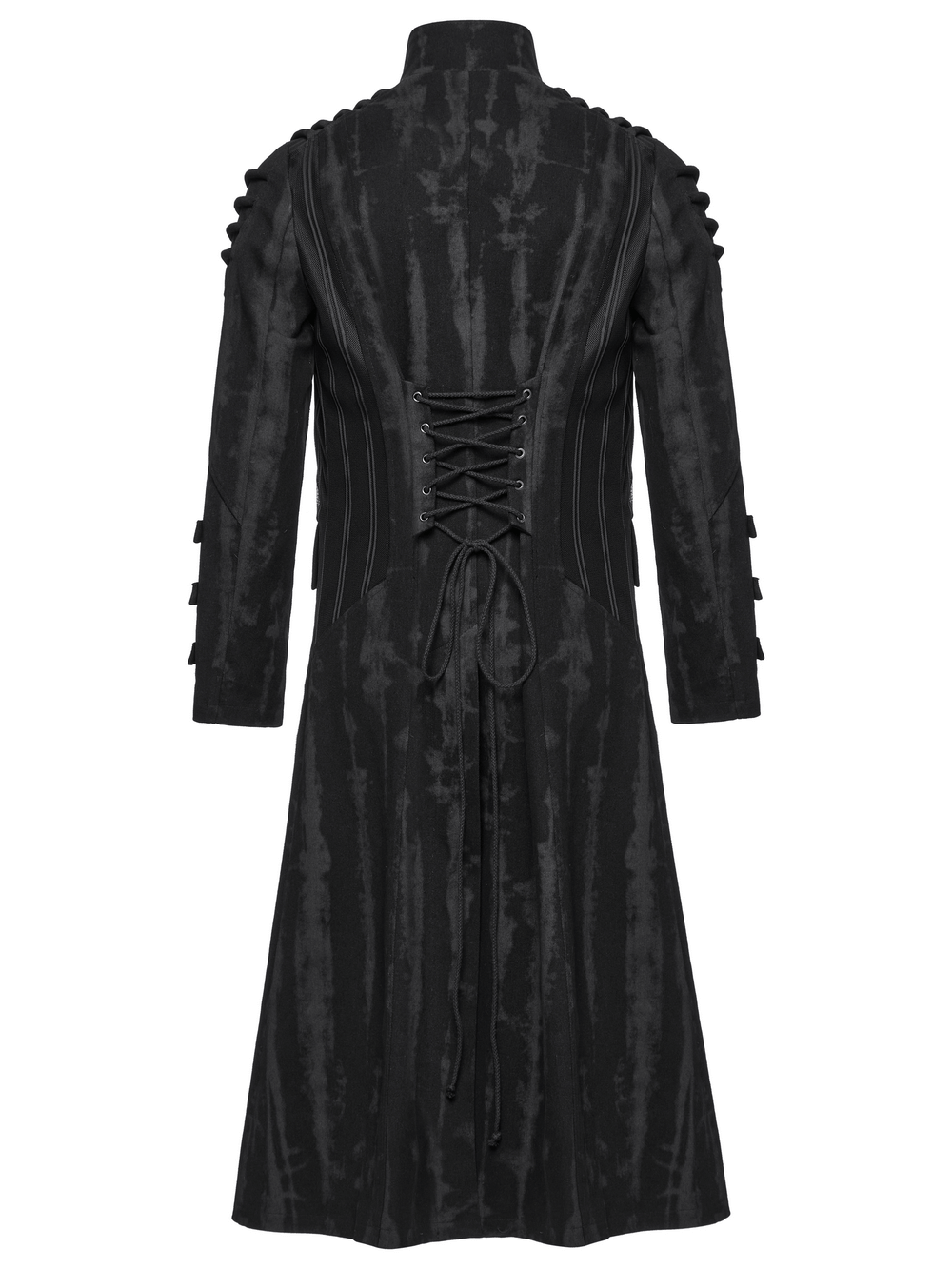 Gothic tie-dye long coat showcasing adjustable back drawstring and structured design with rivet and mesh details.