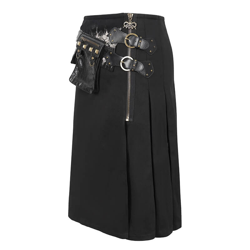 Gothic tie-dyed splice kilt for men with double-layered buckles and studded waist bags.