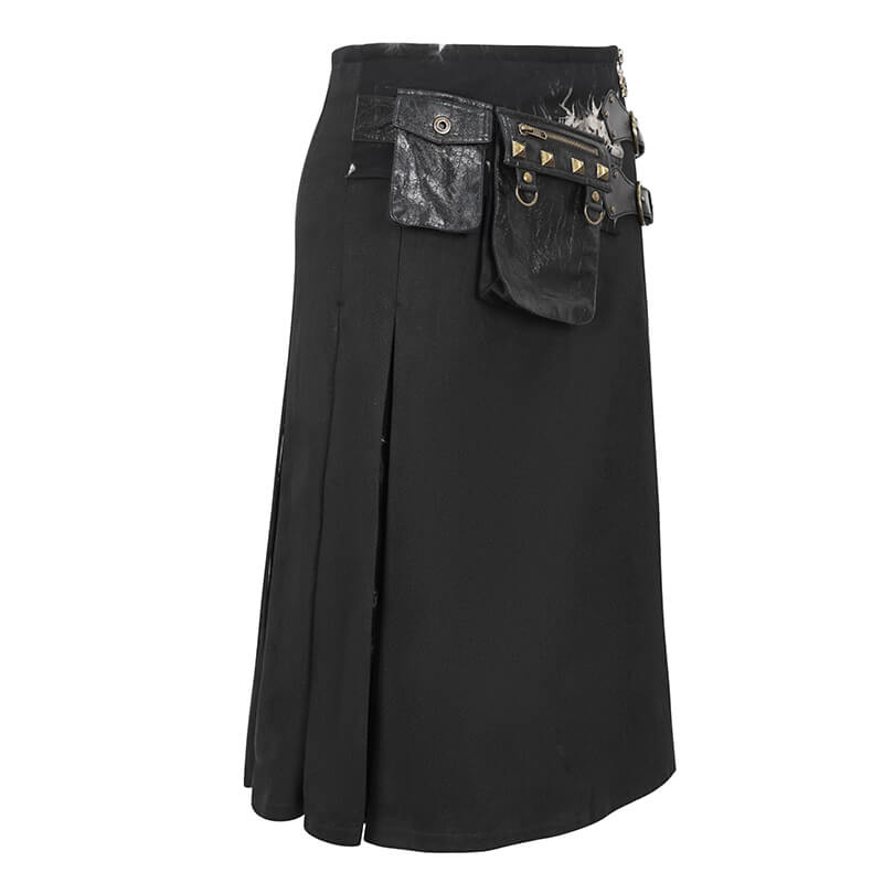 Gothic tie-dyed splice kilt with double-layered buckles and studded waist bags, perfect for bold fashion statements.