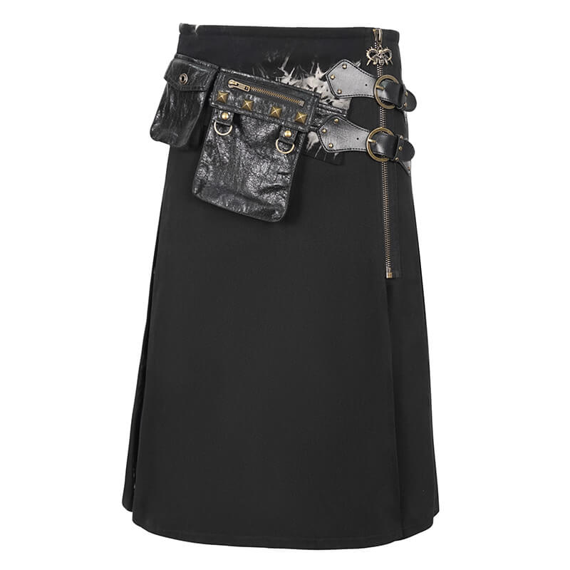 Gothic tie-dyed splice kilt with studded waist bags and double-layered buckles, perfect for alternative fashion.