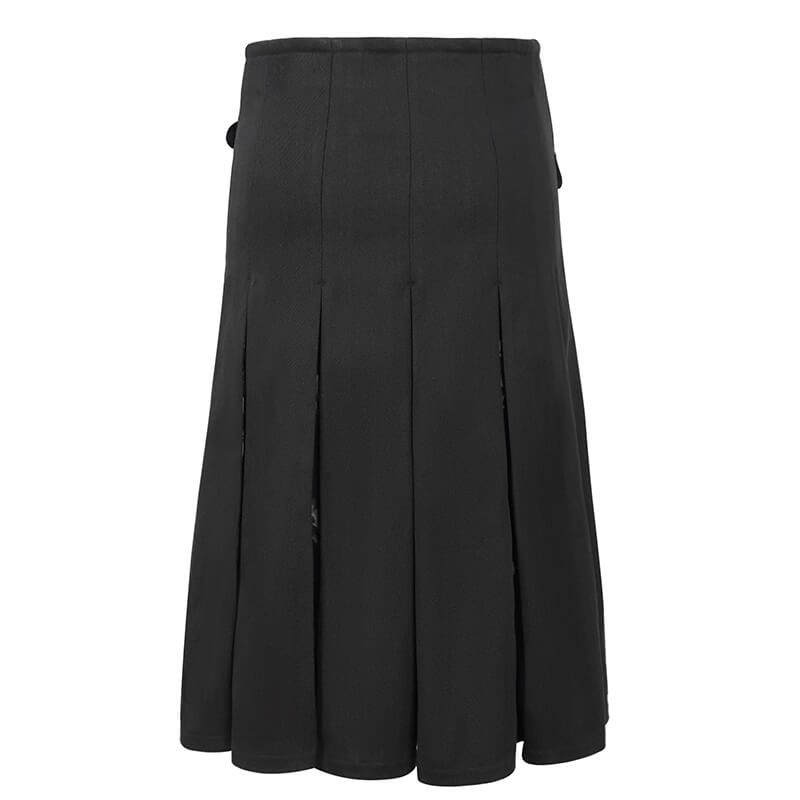 Men's gothic kilt, featuring a sleek black design and stylish pleats, perfect for alternative fashion lovers.