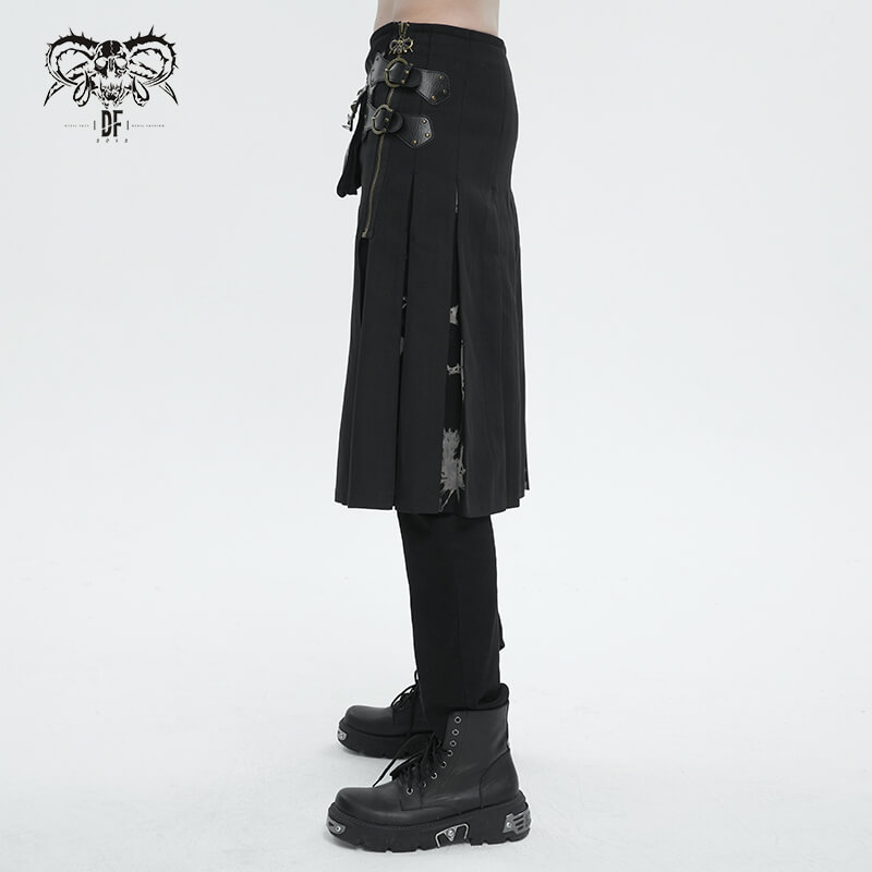 Gothic tie-dyed kilt showcasing double-layered buckles and edgy waist bags, perfect for alternative fashion enthusiasts.