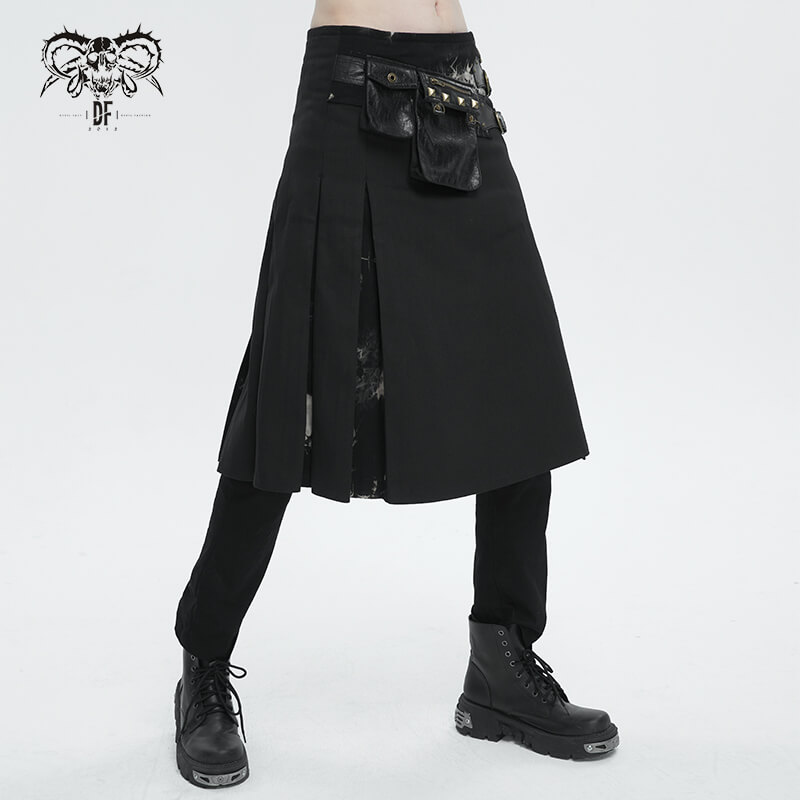 Men's gothic tie-dyed splice kilt with studded waist bags and double-layered buckles, perfect for an edgy fashion statement.
