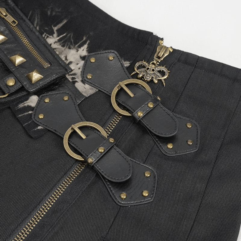 Close-up of gothic kilt features, showcasing double-layered buckles and studded details in stylish tie-dye design.