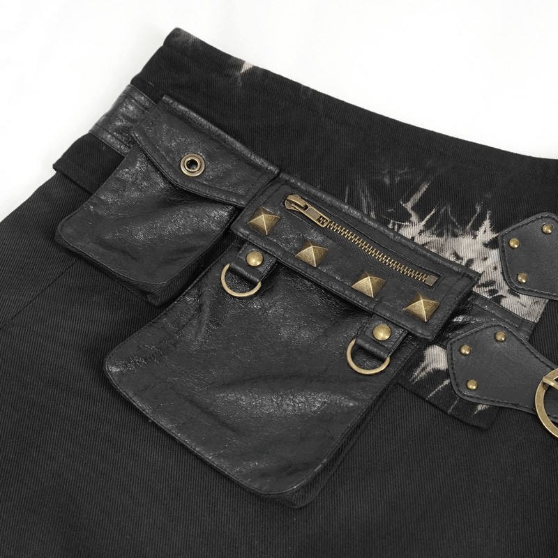 Close-up of gothic tie-dyed kilt showing studded waist bags and double-layered buckles, perfect for edgy fashion.