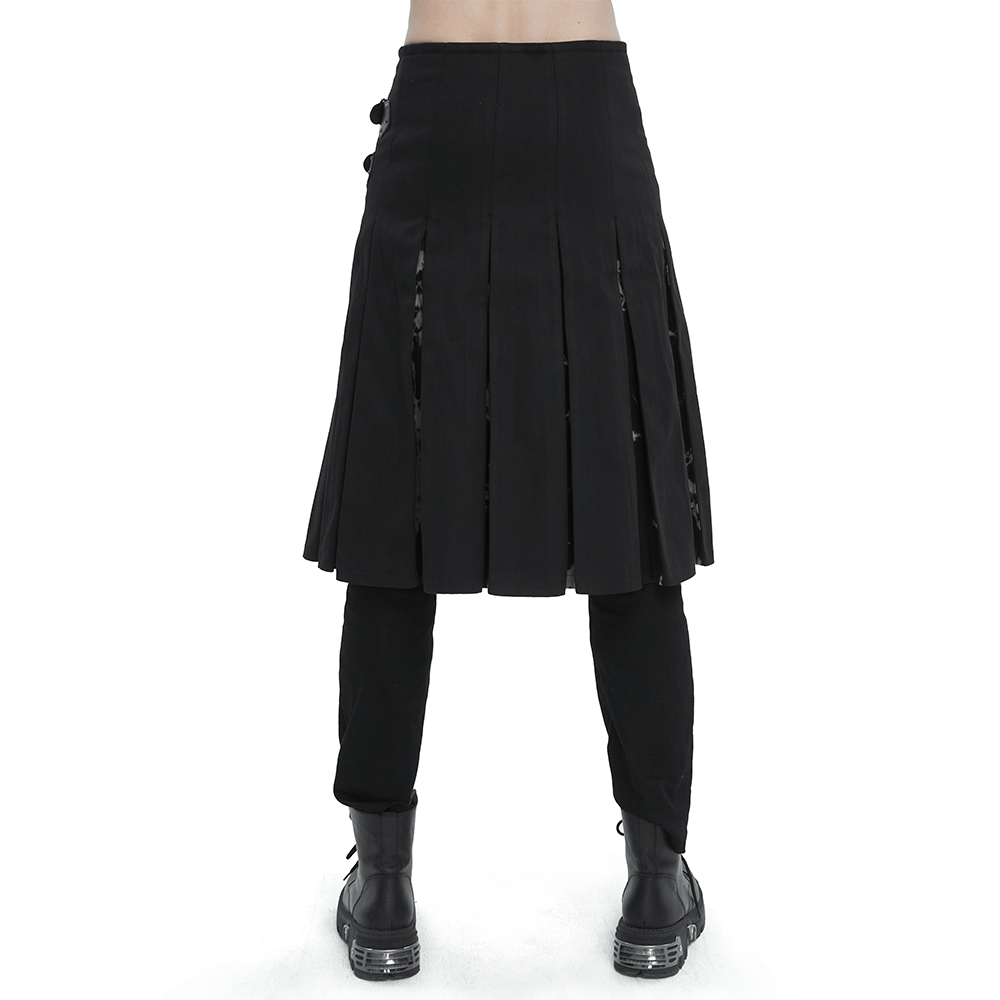 Back view of a men's gothic black kilt with pleats and stylish detailing, paired with black pants and boots.