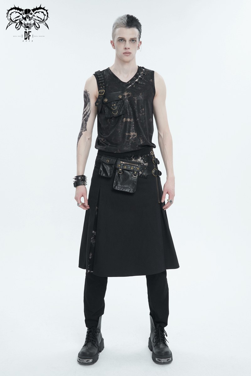 Stylish male model showcasing a gothic tie-dyed kilt with studded waist bags and bold fashion accessories.