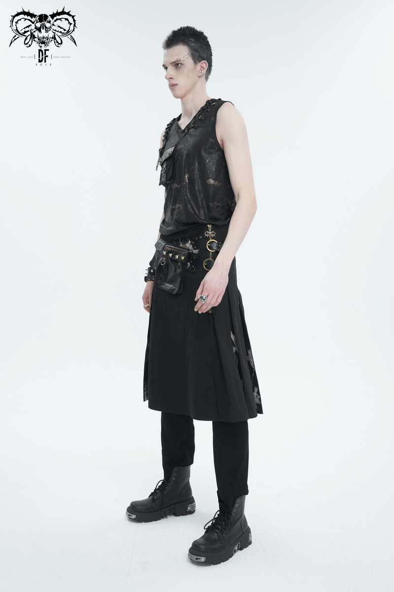 Male wearing a black gothic tie-dyed kilt with studded waist bags and edgy details, showcasing alternative fashion.