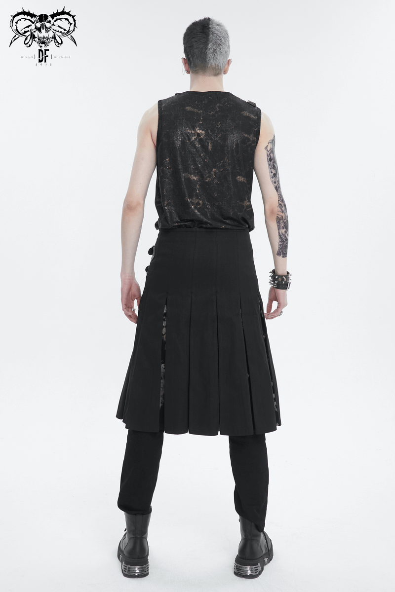 Back view of a male model in a gothic tie-dyed kilt, showcasing double-layered buckles and studded details.
