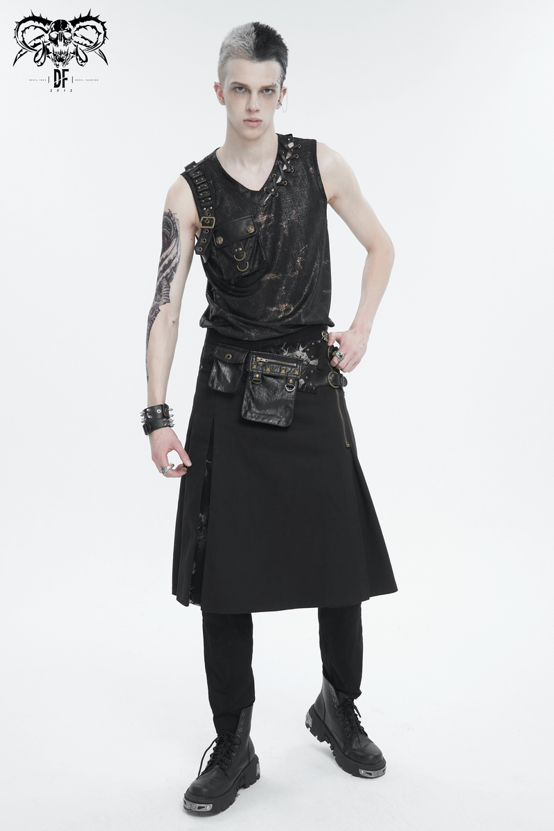 Gothic men’s tie-dyed kilt with studded waist bags, showcasing edgy doubly-layered buckles and alternative fashion.