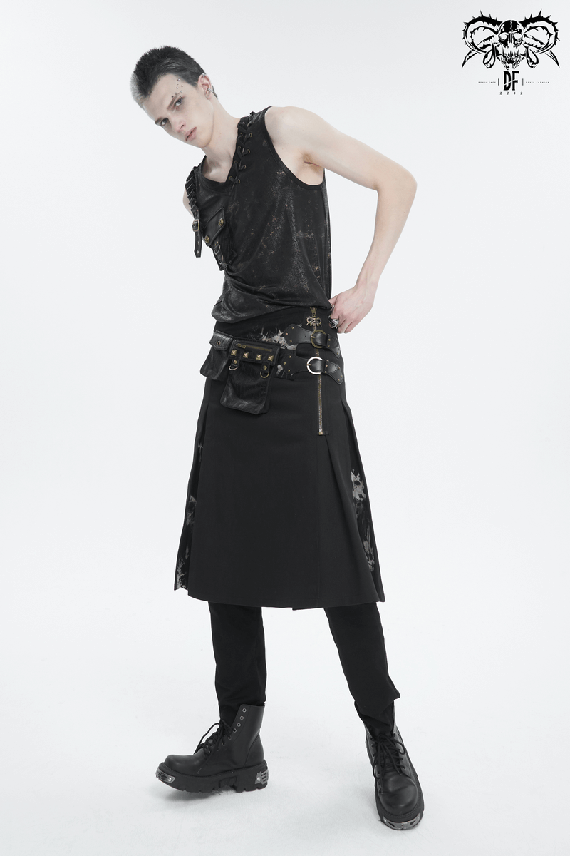 Male model showcasing Gothic Tie-dyed Splice Kilt with studded waist bags and double-layered buckles.