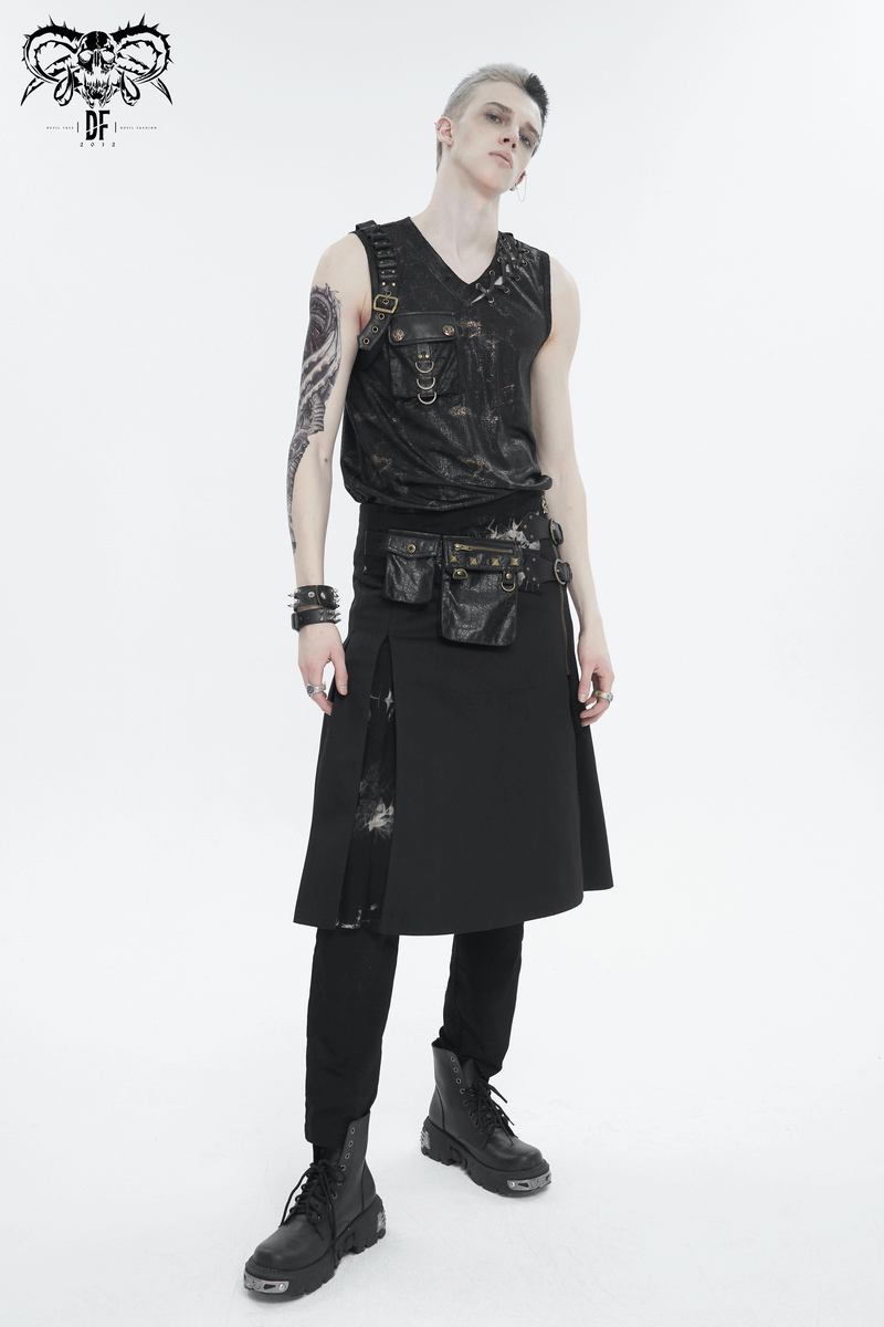 Gothic Tie-dyed Splice Kilt with Two Studded Waist Bags / Male Skirt with Double-Layered Buckles - HARD'N'HEAVY