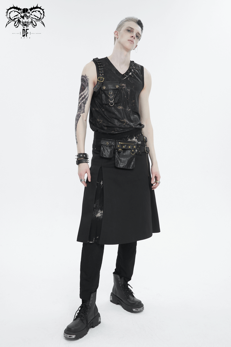 Gothic male model wearing a tie-dyed kilt and two studded waist bags, embracing alternative fashion.