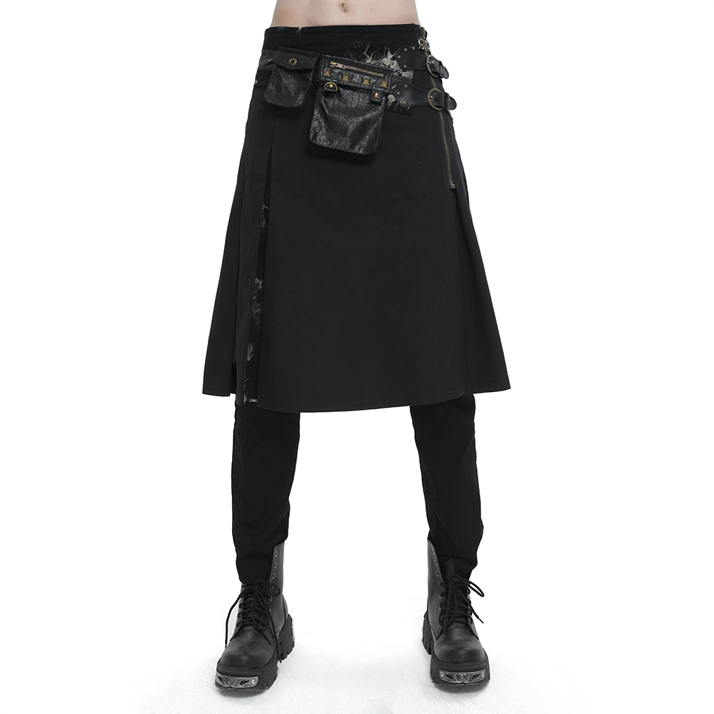 Men's gothic tie-dyed kilt with studded waist bags and double-layered buckles, showcasing edgy alternative fashion.