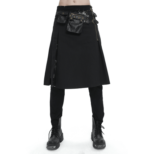 Gotischer Batik-Spleiß-Kilt mit zwei nietenbesetzten Taillentaschen / Herrenrock mit doppellagigen Schnallen
