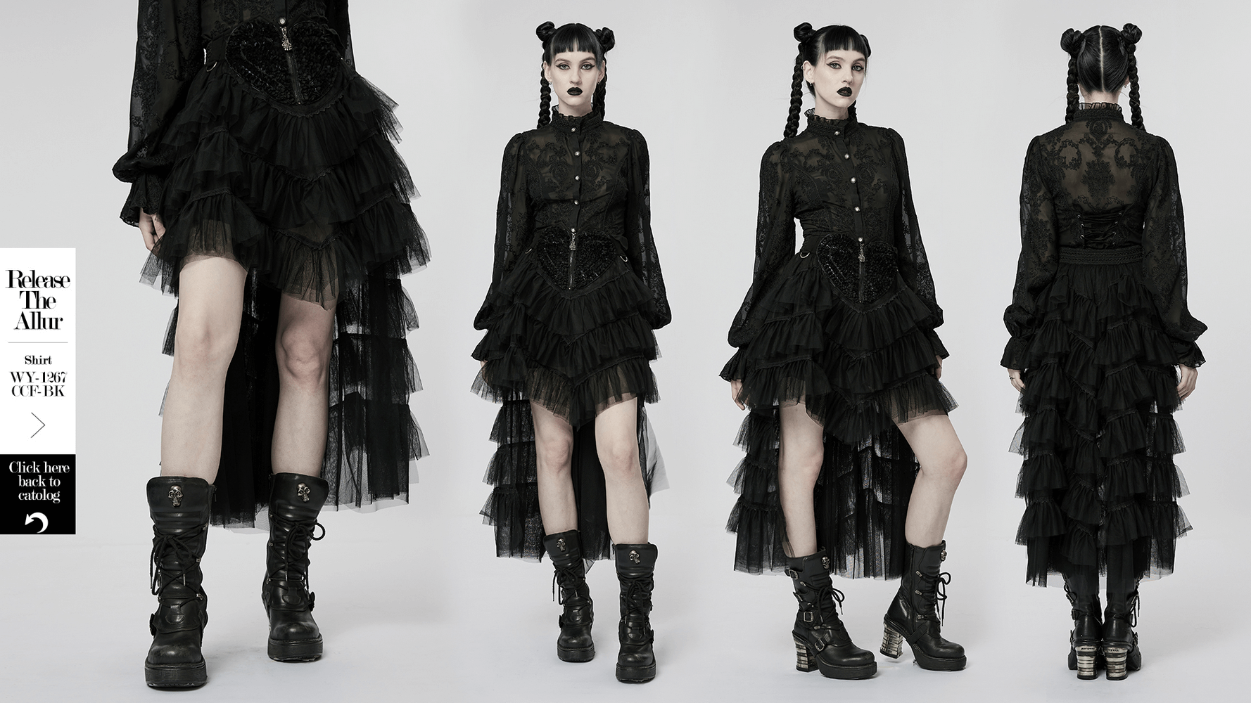 Gothic tiered tulle ruffle skirt with skeleton hand zipper, showcasing an edgy, layered look perfect for cool girls.